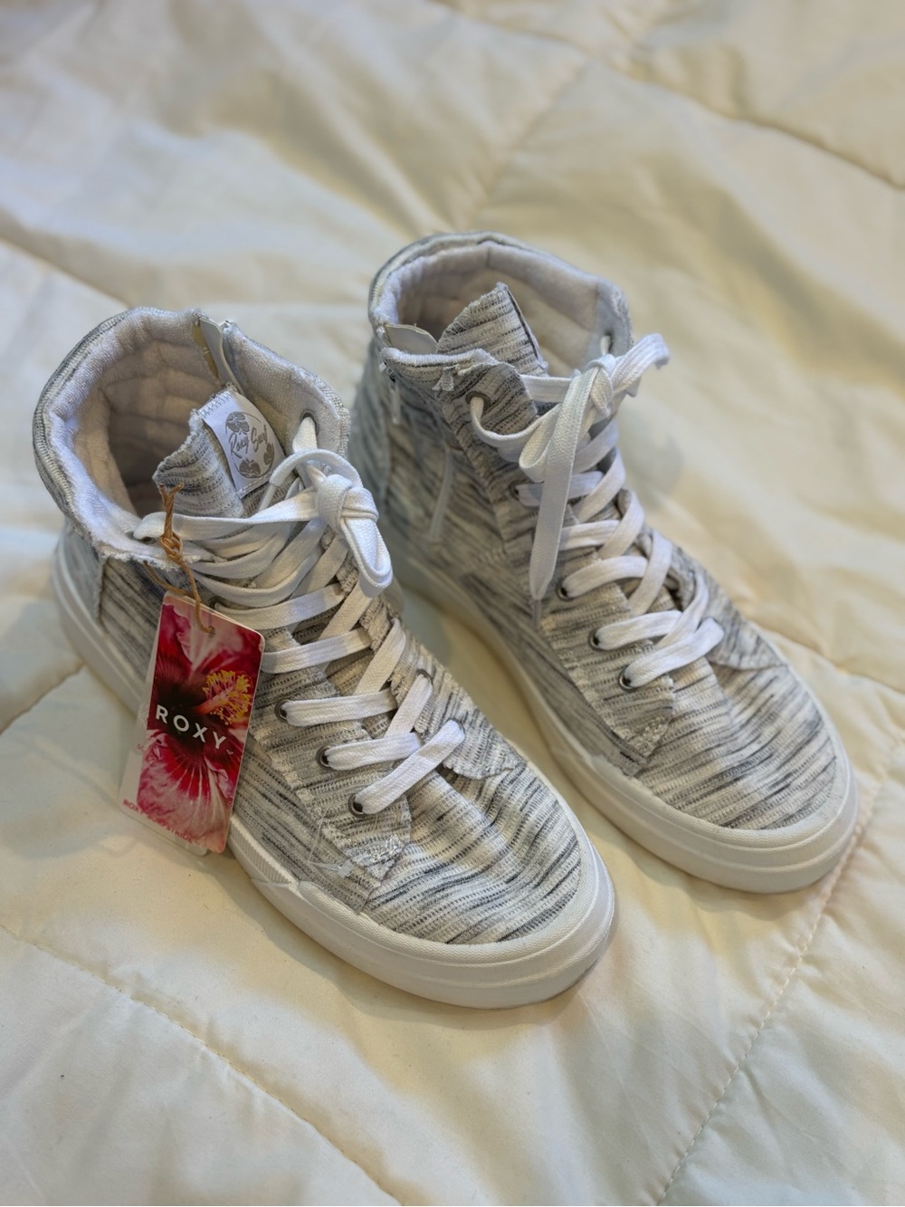 Roxy Women’s White and Light Gray High-Top Knit Sneakers